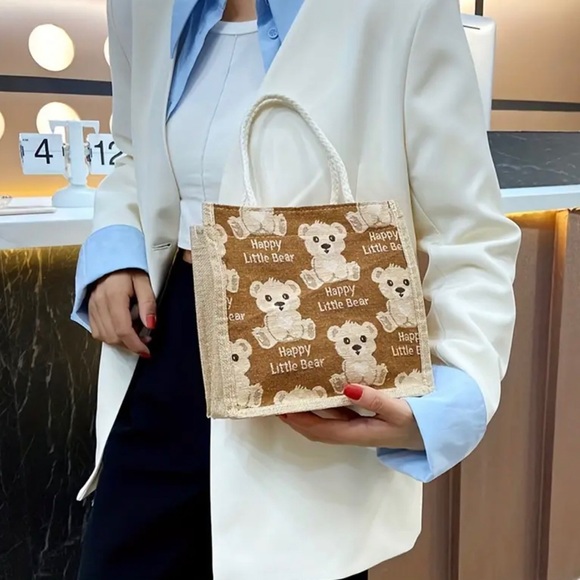 1pc Bear Linen Tote Bag, Carrying Bag Small Satchel, Single Shoulder Trendy Bag - Picture 2 of 6